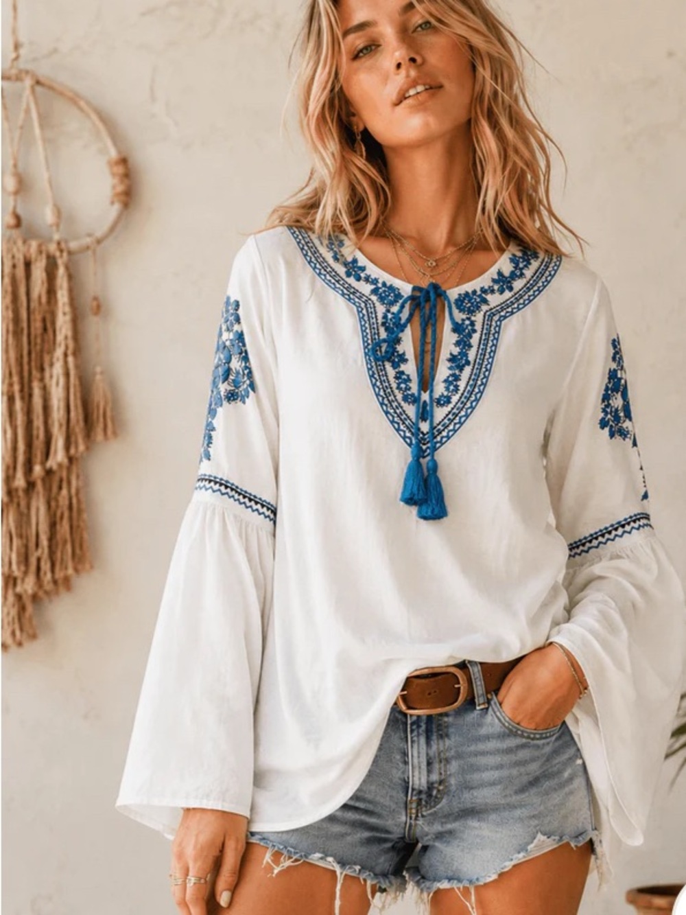 Talori-Boho Tunic Top with Blue Embroidery and Tassel Tie multiple sizes